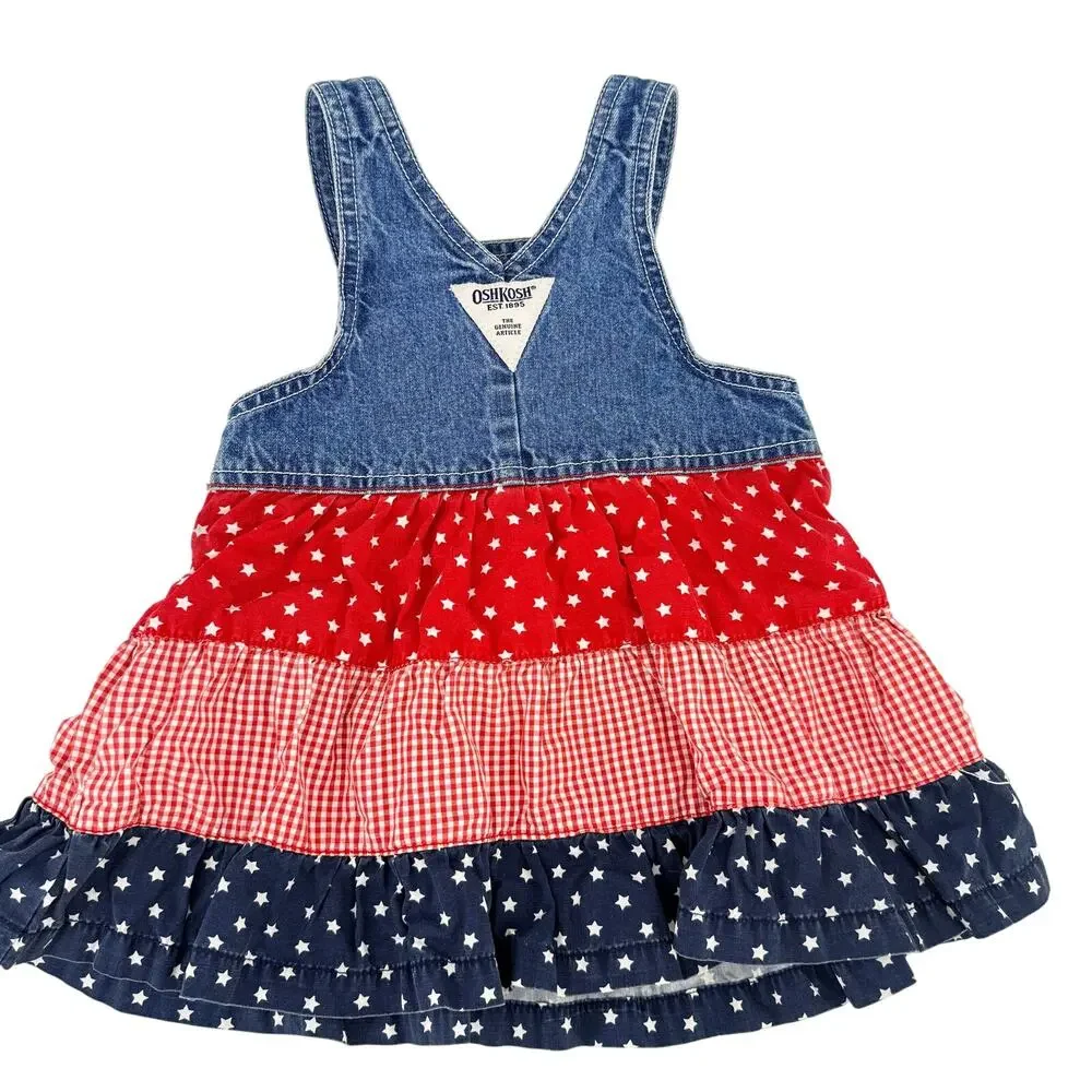 Vtg OshKosh Baby Girls Sz 12M Denim Patriotic USA Flag Tiered Dress Star Stripes